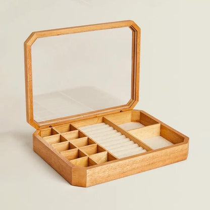 A Good Life wooden Wabi-Sabi jewelry storage box with multiple compartments and a clear lid
