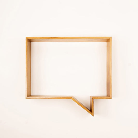 Wabi-Sabi quote display shelf by A Good Life in natural wood shaped like a speech bubble