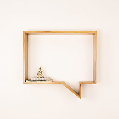 Minimalist wooden Wabi-Sabi quote display shelf mounted on wall with decorative Buddha statue and books