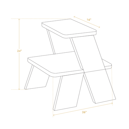 Diagram of wabi-sabi step side table showing dimensions 24 by 26 by 16 inches