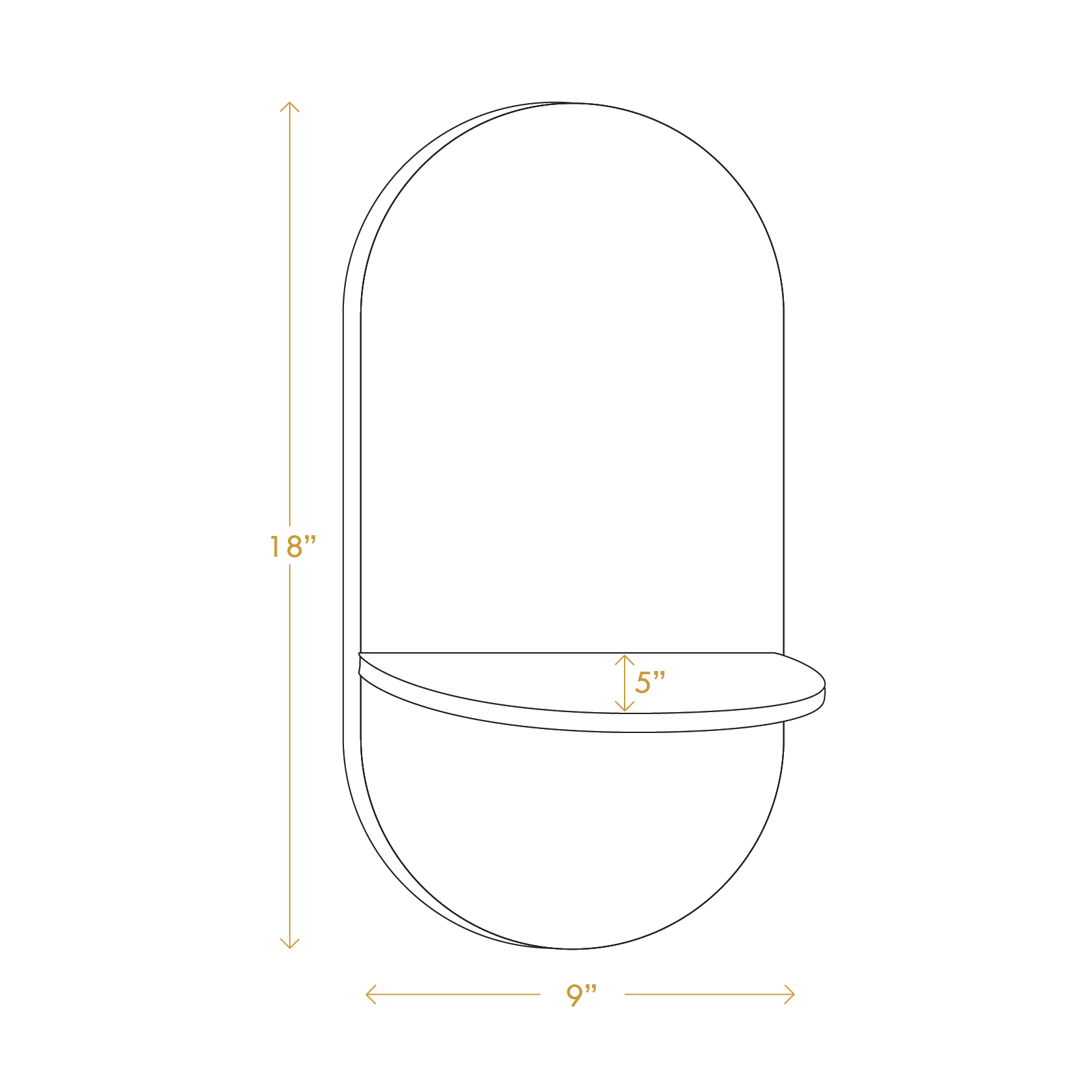 Diagram showing dimensions of wabi sabi wooden moon shelf with 18 inch height 9 inch width and 5 inch shelf depth