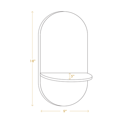 Diagram showing dimensions of wabi sabi wooden moon shelf with 18 inch height 9 inch width and 5 inch shelf depth