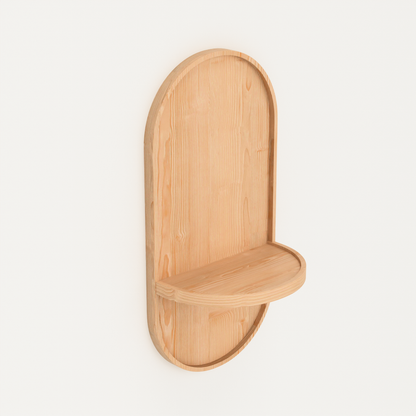 A Good Life wabi sabi wooden moon shelf in natural wood finish with curved design and small storage space
