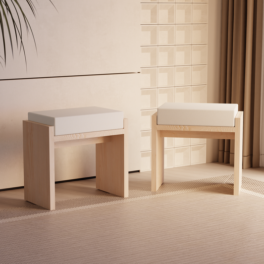 A Good Life Wabi-Sabi wooden stool set with minimalist natural wood and white cushions in modern room