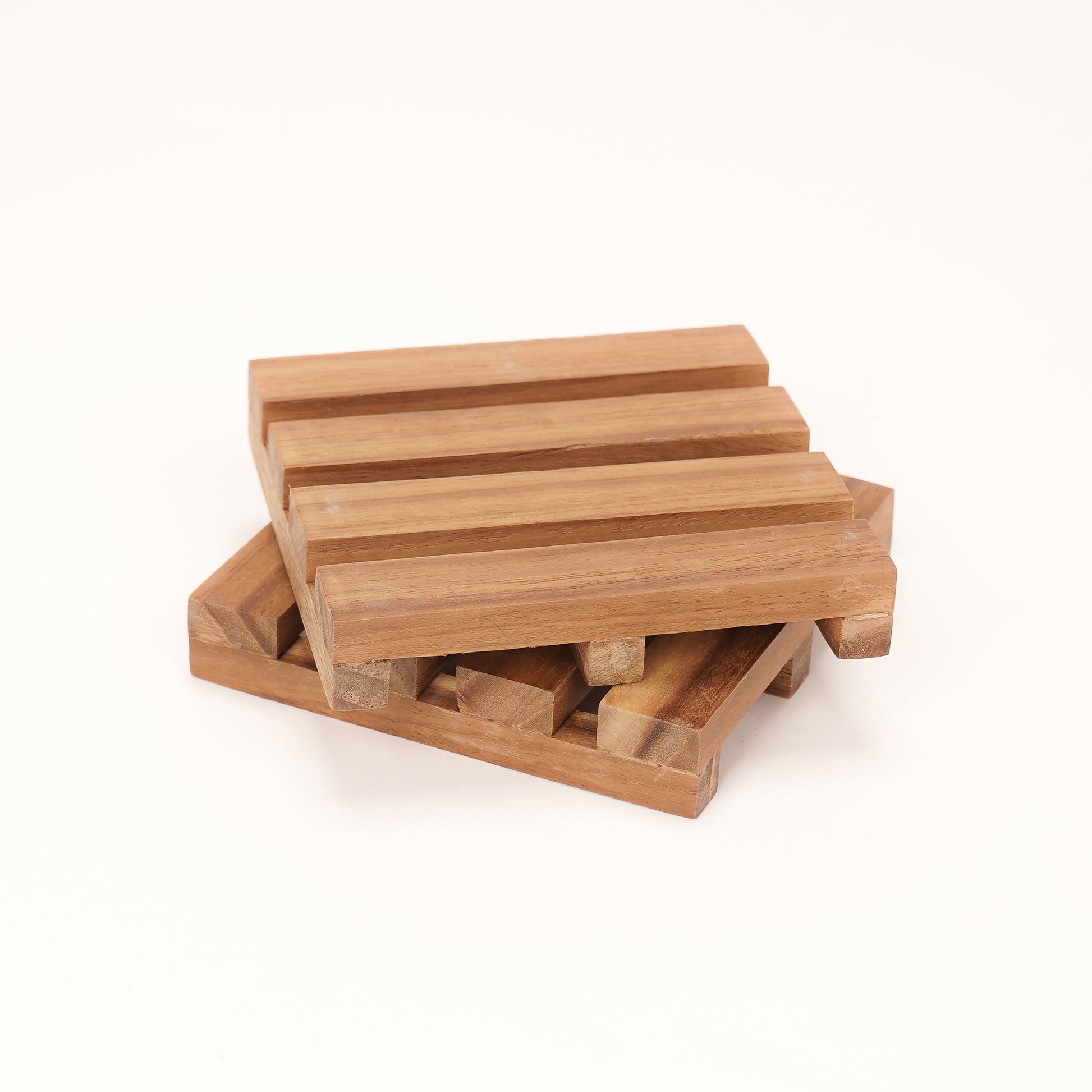 A Good Life wooden pallet coasters stacked on a white background with natural wood finish