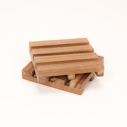 A Good Life wooden pallet coasters stacked on a white background with natural wood finish