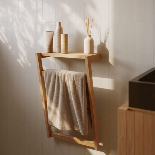 Wooden towel shelf for bathroom with a beige towel and decorative bottles on top mounted on white tiled wall
